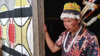 an indigenous man adorned with traditional jewelry, face paint, and head dress